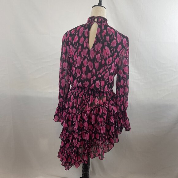 Misa Dress M Black Pink Print Gathered Neck Sleeves Waist Ruffle Long Semi-Sheer - Picture 8 of 13